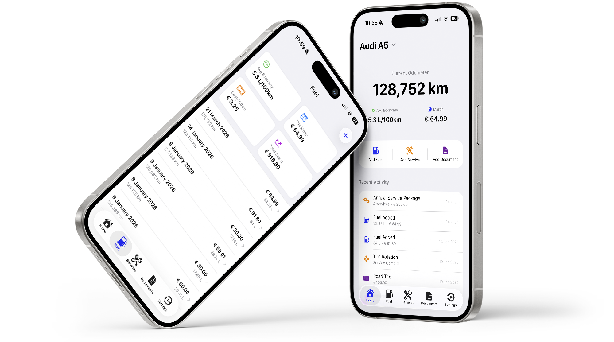DriveKit app dashboard showing vehicle tracking, fuel logs, and maintenance reminders