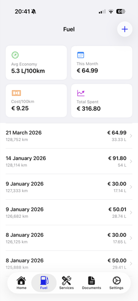 DriveKit cost report summarizing fuel and maintenance spending over time