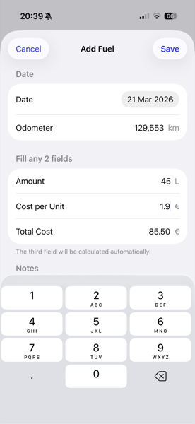 DriveKit fuel fill-up log with entries for cost, volume, and odometer